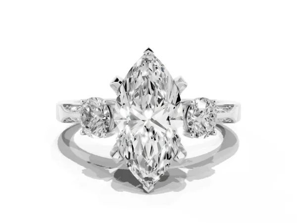 Marquise Cut Brilliant Three-Stone Diamond Ring with Pavé Band and Four-Prong Setting Platinum