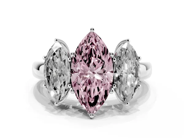Fancy Pink Marquise Cut Diamond Three-Stone Ring with Four-Prong Setting and Classic Band Platinum
