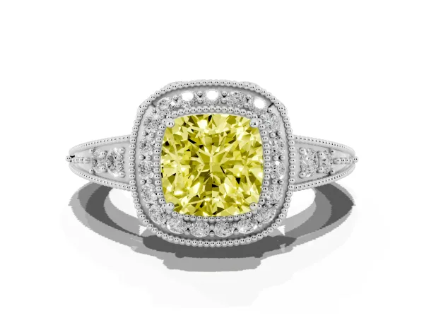 Fancy Yellow Cushion Cut Halo Diamond Split Shank Ring with Milgrain Detail White gold