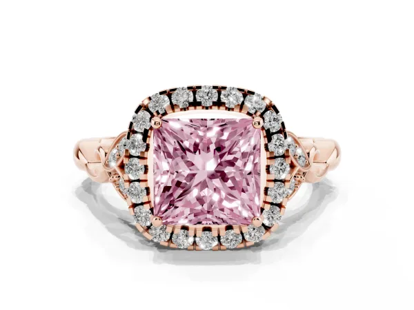 Fancy Pink Princess Cut Halo Diamond Engagement Ring with Vintage-Inspired Band and Four-Prong Setting Rose gold