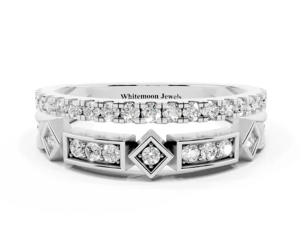 Pavé Round Diamond Channel Set Dual Band with Prong Setting White gold