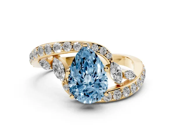 Fancy Blue Pear Cut Solitaire with Pavé Twist Band and Four-Prong Setting Yellow gold