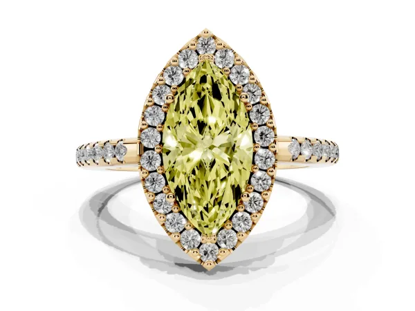 Fancy Yellow Marquise Cut Diamond Pavé Halo Ring with Four-Prong Setting Yellow gold