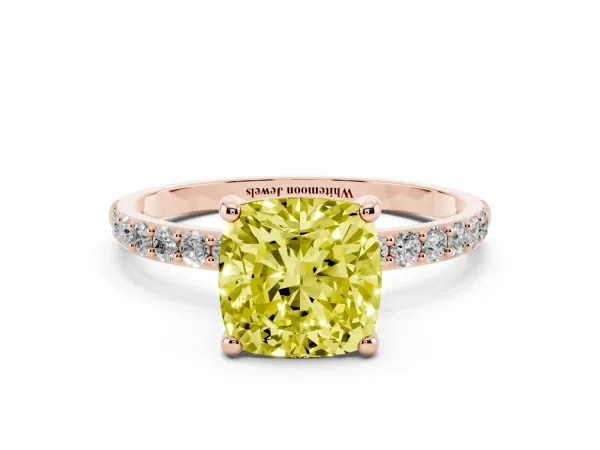 Fancy Yellow Cushion Cut Diamond Solitaire Ring with Round Pavé Band and Prong Setting Rose gold