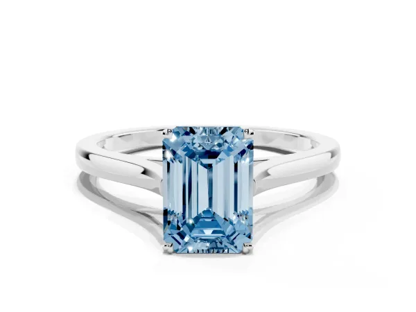 Fancy Blue Emerald Cut Solitaire Heart Prong Engagement Ring with Tapered Band Platinum