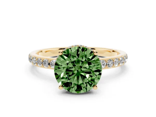Fancy Green Round Cut Diamond Solitaire Ring with Pavé Band and Hidden Halo Yellow gold