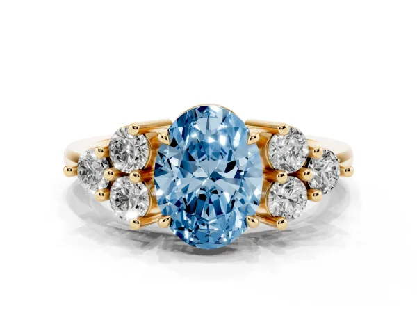 Fancy Blue Oval Cut Brilliant Diamond Cluster Accent Solitaire Ring with Prong Setting Yellow gold