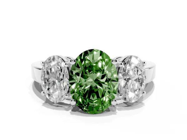Fancy Green Three-Stone Oval Cut Cut Diamond Engagement Ring with Flat Band and Four-Prong Setting White gold