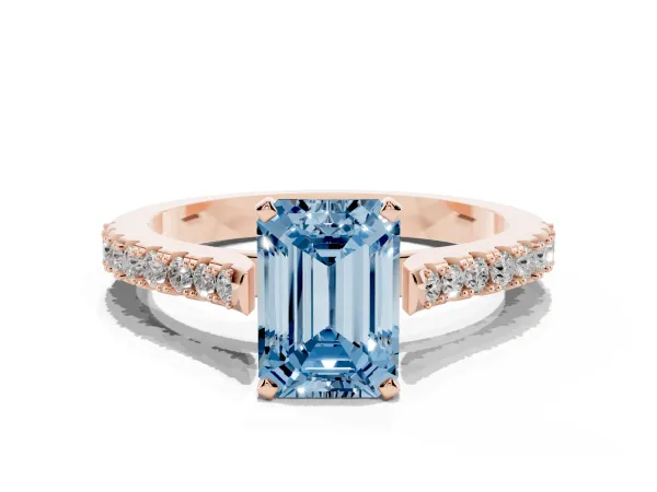 Fancy Blue Emerald Cut Cut Solitaire Diamond Engagement Ring with Pave Band and Four-Prong Setting Rose gold