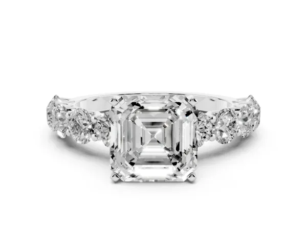 Asscher Cut Diamond Prong Setting with Side Stones on a Pave Band White gold