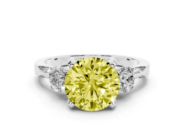 Fancy Yellow Round Cut Brilliant Three-Stone Diamond Ring with Pavé Band and Four-Prong Setting Platinum
