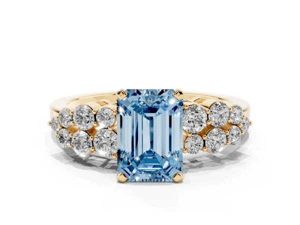 Fancy Blue Emerald Cut Cluster Diamond Engagement Ring with Pavé Band and Four-Prong Setting Yellow gold