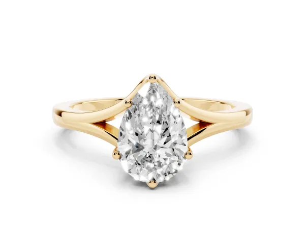 Pear Cut Solitaire Diamond Ring with Six-Prong Setting and Tapered Band Yellow gold