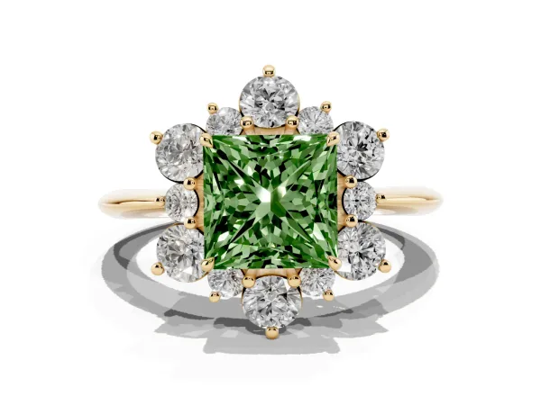 Fancy Green Princess Cut Diamond Cluster Halo Ring with Solitaire Band and Four-Prong Setting Yellow gold