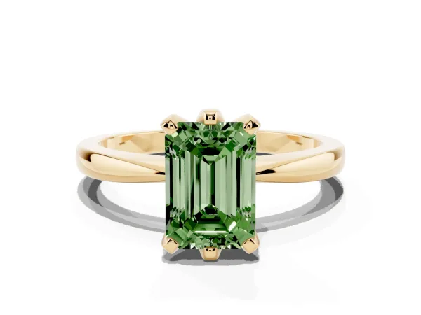 Fancy Green Emerald Cut Solitaire Engagement Ring with Six-Prong Setting and Tapered Band Yellow gold