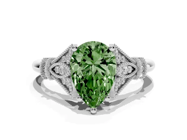 Fancy Green Pear Cut Diamond Solitaire Ring with Floral Filigree and Pave Accents White gold