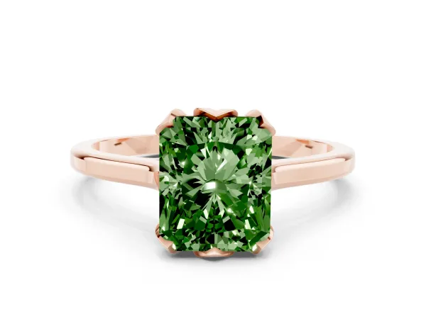 Fancy Green Radiant Cut Diamond Solitaire Ring with Flower Prong Setting and Classic Band Rose gold