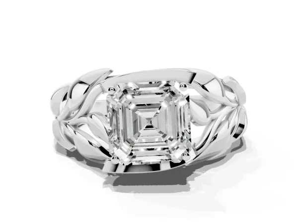 Asscher Cut Diamond Leaf-Inspired Engagement Ring with Round Accents and Prong Setting White gold