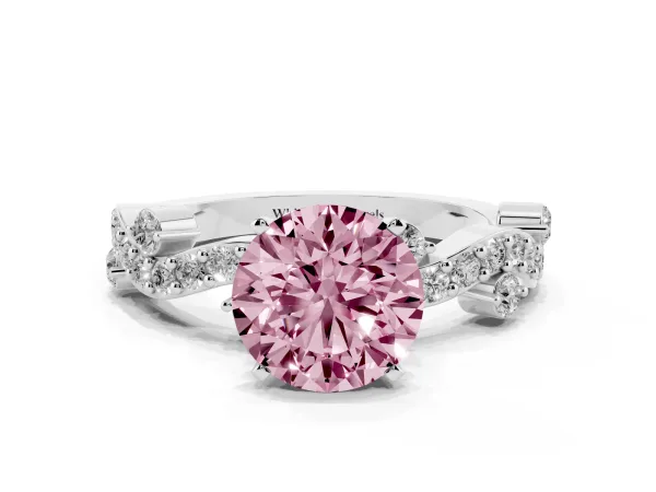 Fancy Pink Round Cut Cut Solitaire Diamond Twisted Band with Pave Setting Platinum