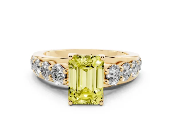 Fancy Yellow Emerald Cut Diamond Engagement Ring with Pavé Band and Four-Prong Setting Yellow gold