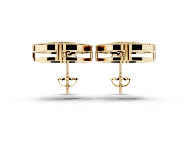 Round Halo Diamond Drop Earrings with Milgrain Bezel Setting Yellow gold