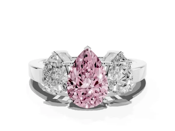 Fancy Pink Three-Stone Pear Cut Cut Diamond Engagement Ring with Flat Band and Four-Prong Setting White gold