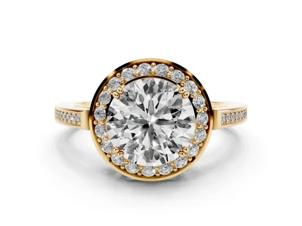 Round Cut Diamond Halo Ring with Split Shank and Four-Prong Setting Yellow gold