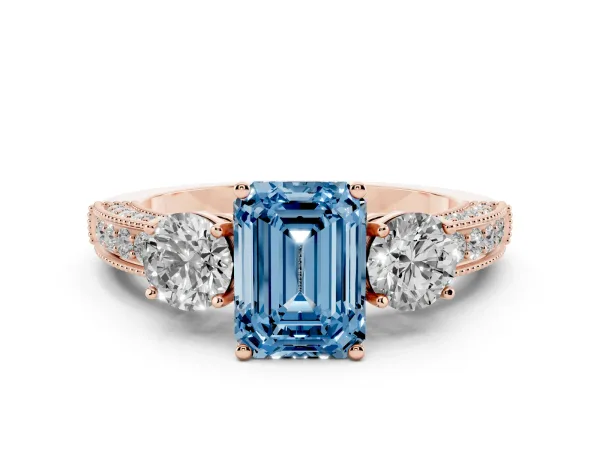 Fancy Blue Emerald Cut Three-Stone Diamond Ring with Pavé Band and Four-Prong Setting Rose gold