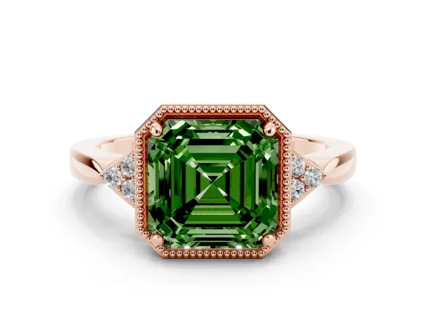 Fancy Green Asscher Cut Diamond Halo Ring with Tapered Band and Four-Prong Setting Rose gold