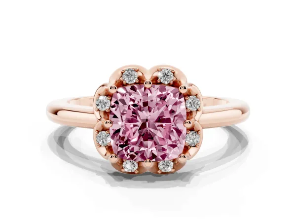 Fancy Pink Cushion Cut Halo Diamond Ring with Round Cluster Setting, Solitaire Band, and Four-Prong Setting Rose gold