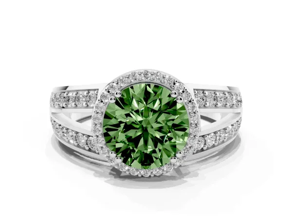 Fancy Green Round Cut Diamond Halo Ring with Split Shank Pavé Band and Four-Prong Setting White gold
