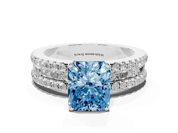 Fancy Blue Radiant Cut Diamond Solitaire Ring with Pavé and Channel Set Band Platinum