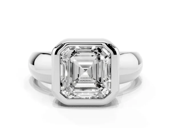 Bezel Set Asscher Cut Solitaire Ring with Wide Band White gold