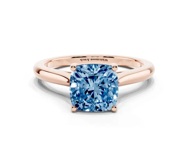 Fancy Blue Cushion Cut Cut Solitaire Ring with Cathedral Band and Four-Prong Setting Rose gold