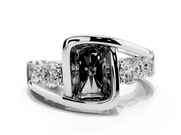 Fancy Black Bezel Set Radiant Cut Diamond Bypass Ring with Round Accents Platinum