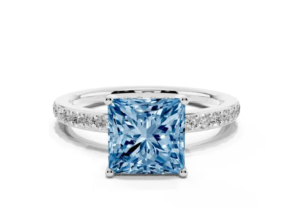 Fancy Blue Princess Cut Cut Diamond Pavé Band Ring with Four-Prong Setting White gold