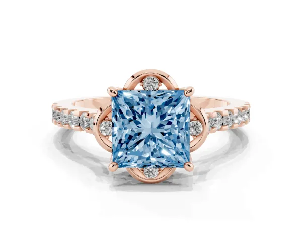 Fancy Blue Princess Cut Diamond Ring with Pavé Band and Floral Prong Setting Rose gold