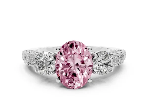 Fancy Pink Oval Cut Three-Stone Diamond Ring with Pavé Band and Four-Prong Setting Platinum