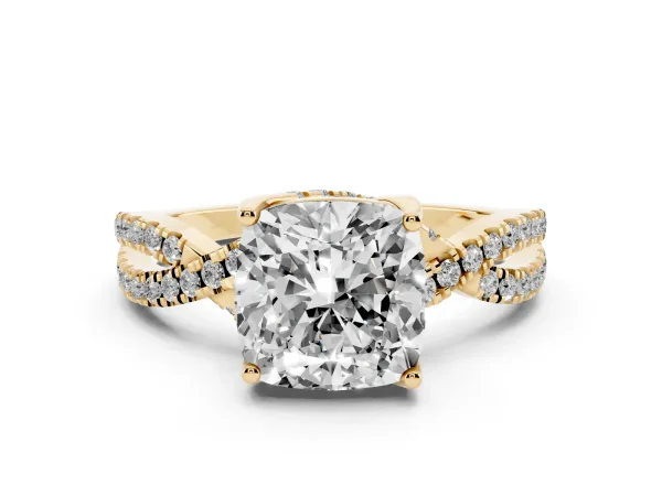 Cushion Cut Solitaire Twist Pave Diamond Engagement Ring with Prong Setting Yellow gold