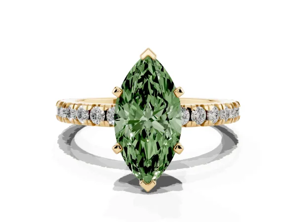 Fancy Green Marquise Cut Diamond Pavé Band Solitaire with Four-Prong Setting Yellow gold