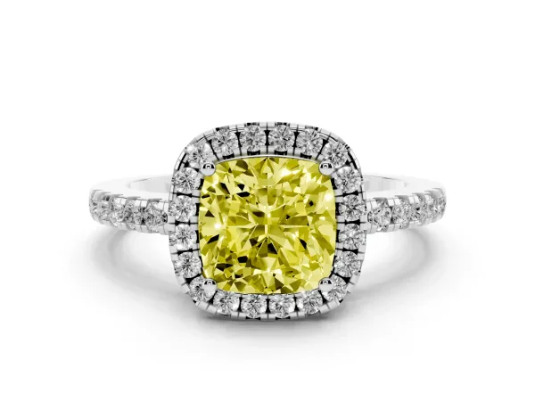 Fancy Yellow Cushion Cut Halo Diamond Engagement Ring with Pavé Band and Four-Prong Setting Platinum