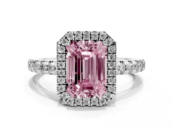 Fancy Pink Emerald Cut Diamond Halo Ring with Pavé Band and Four-Prong Setting White gold