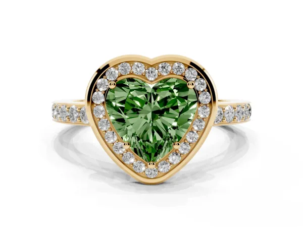 Fancy Green Heart Cut Diamond Halo Ring with Bezel Frame and Pavé Band Yellow gold
