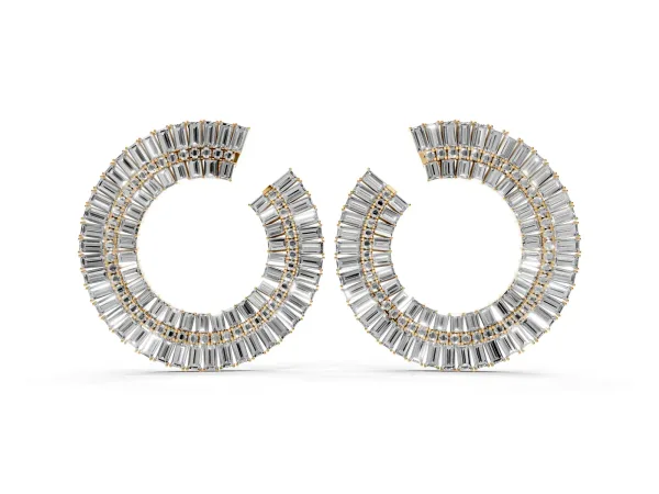 Baguette and Round Diamond Fanned Hoop Earrings Yellow gold