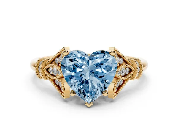 Fancy Blue Heart Cut Diamond Solitaire Ring with Floral Filigree and Pave Accents Yellow gold