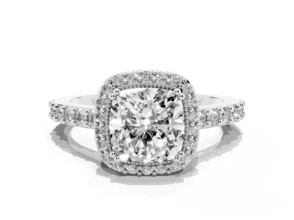 Cushion Cut Cut Diamond Halo Engagement Ring with Milgrain Detail and Pavé Band Platinum