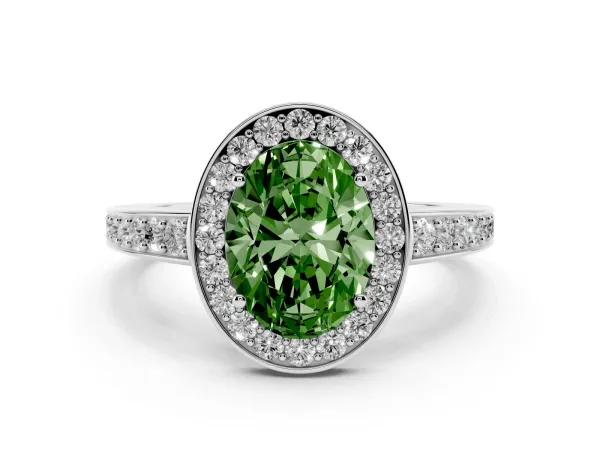 Fancy Green Oval Cut Halo Pavé Diamond Engagement Ring with Bezel Setting White gold