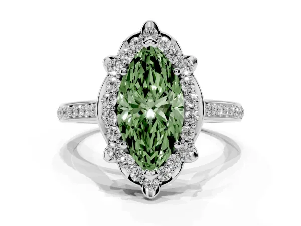 Fancy Green Marquise Cut Halo Round Diamond Pave Band with Four-Prong Setting White gold