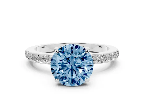 Fancy Blue Round Cut Diamond Pavé Engagement Ring with Round Accents and Prong Setting White gold