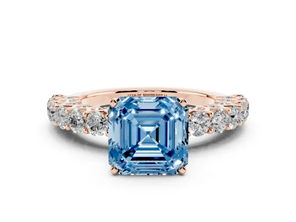 Fancy Blue Asscher Cut Diamond Solitaire Ring with Shared Prong Pavé Band and Four-Prong Setting Rose gold